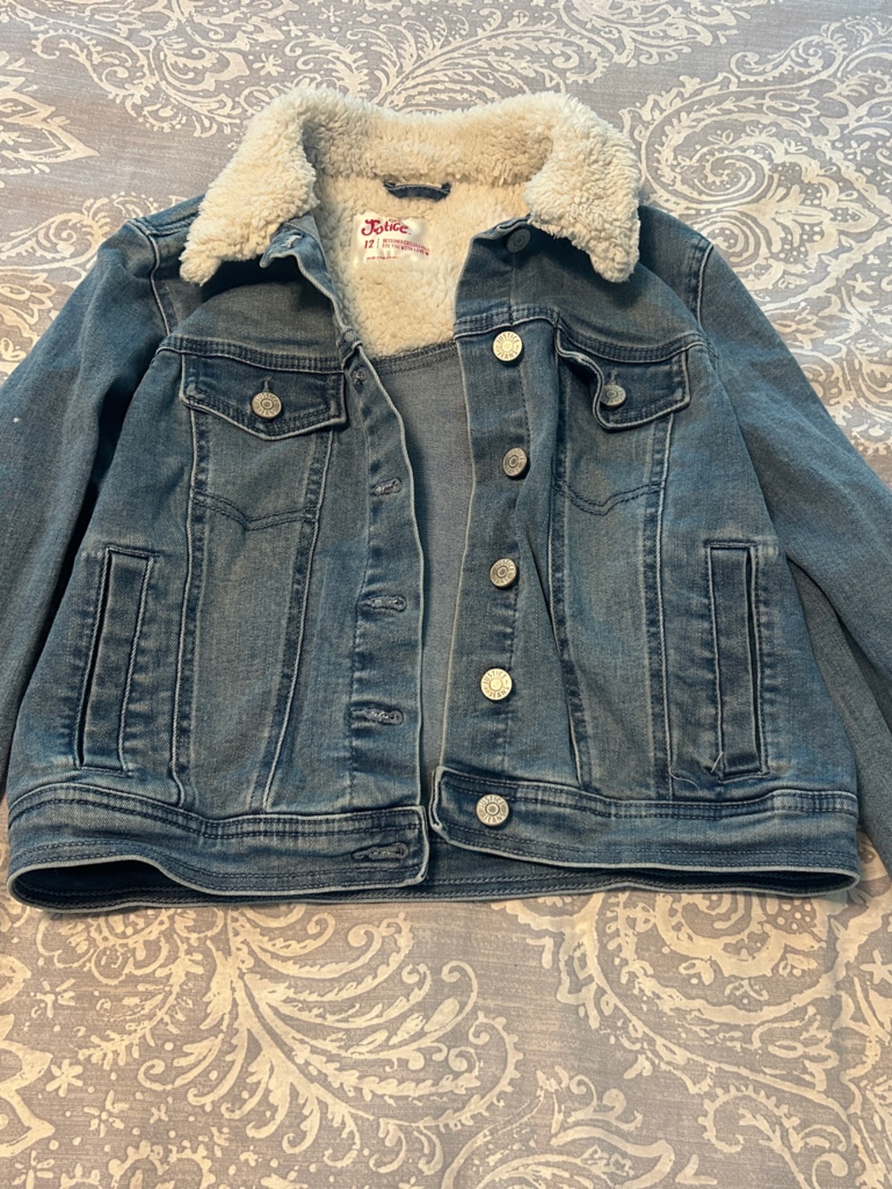 Justice Girls Blue Denim Jacket with Cream Faux Shearling Collar